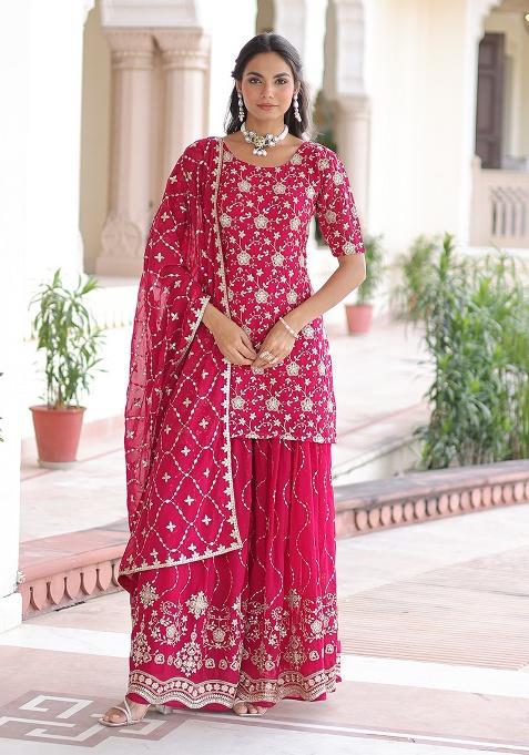 Pink Embroidered Sequence Georgette Sharara Set