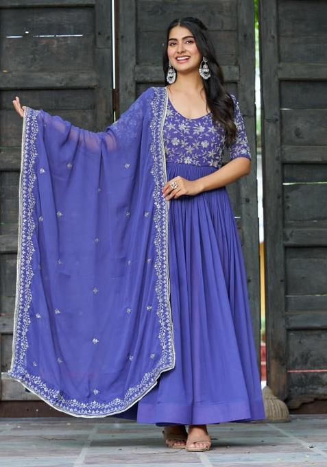 Blue Embroidered Sequence Georgette Gown With Dupatta