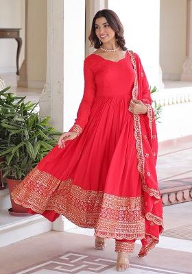 Red Embroidered Sequence Silk Anarkali Set With Dupatta