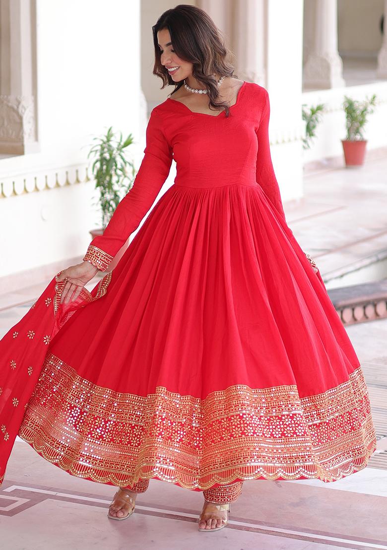 Red Embroidered Sequence Silk Anarkali Set With Dupatta - Indya