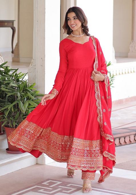 Red Embroidered Sequence Silk Anarkali Set With Dupatta
