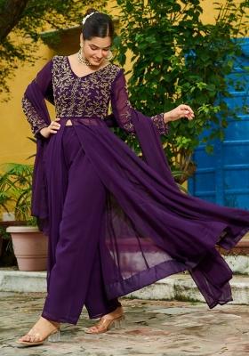 Wine Embroidery Georgette Salwar Kameez With Dupatta
