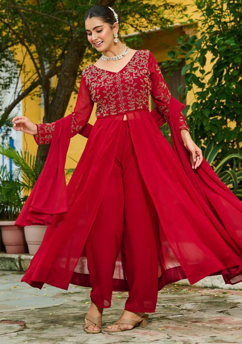 Maroon Embroidery Georgette Salwar Kameez With Dupatta - Indya