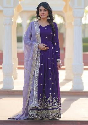 Violet Embroidered Sequence Georgette Gown With Dupatta