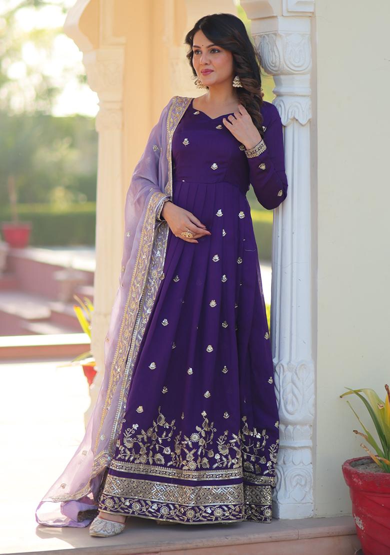 Violet Embroidered Sequence Georgette Gown With Dupatta - Indya