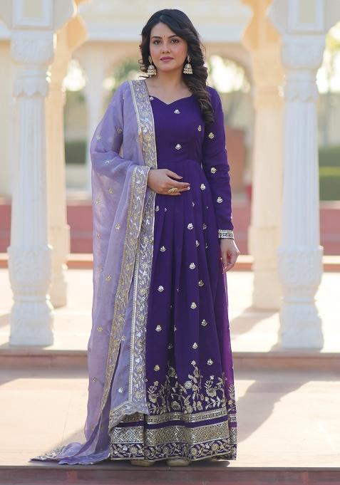 Violet Embroidered Sequence Georgette Gown With Dupatta