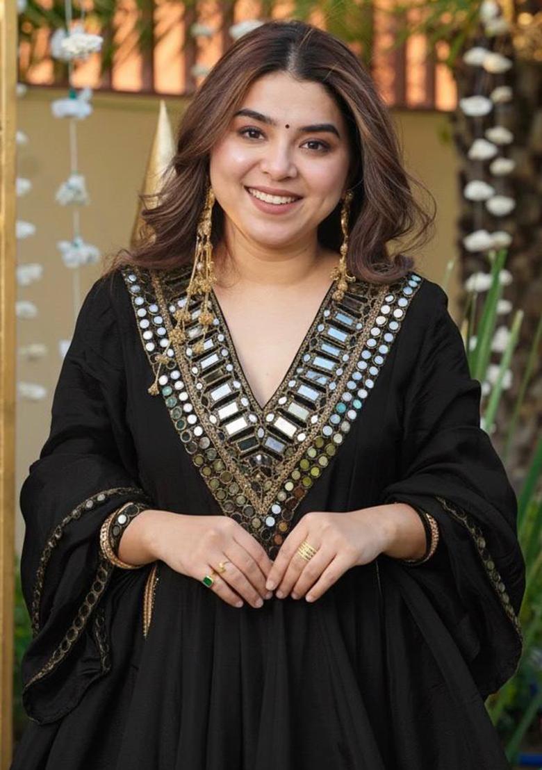 Black Mirror Work Silk Plazzo Set - Indya