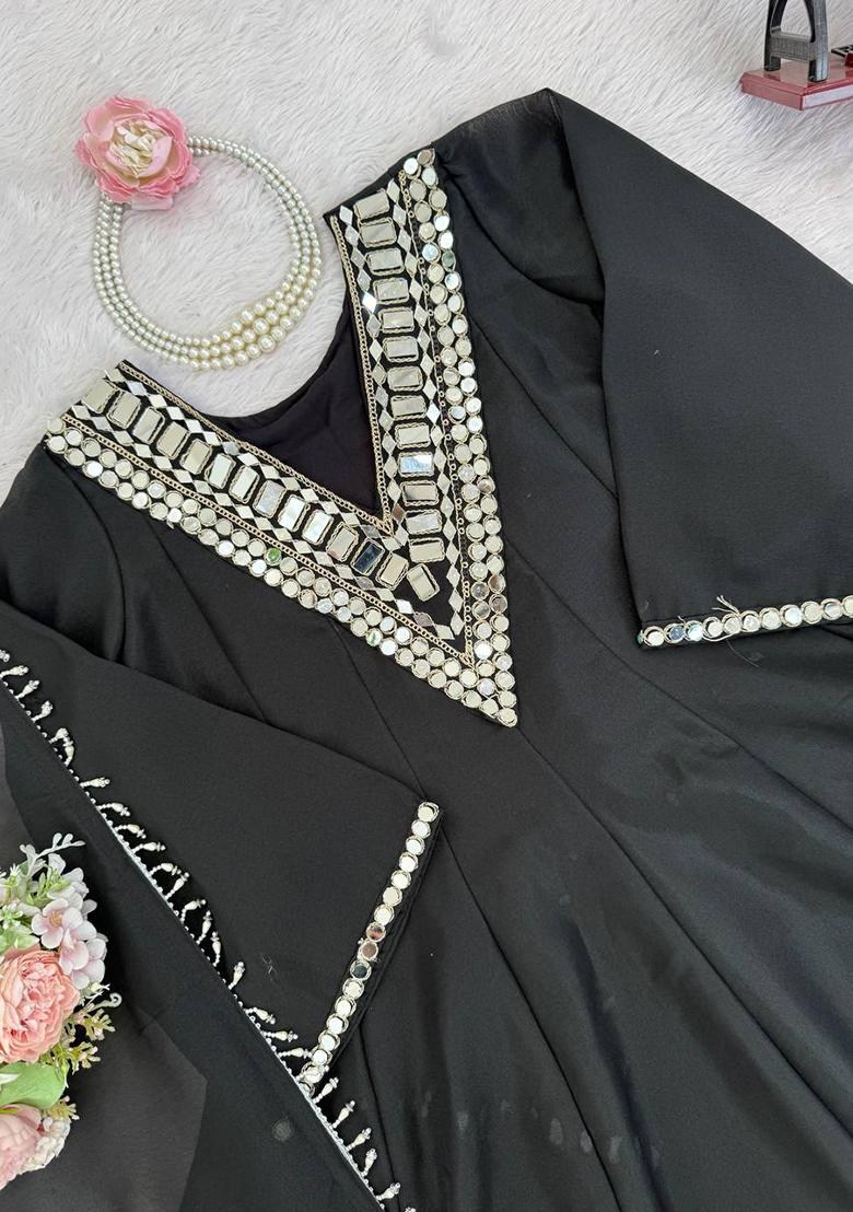 Black Mirror Work Silk Plazzo Set - Indya