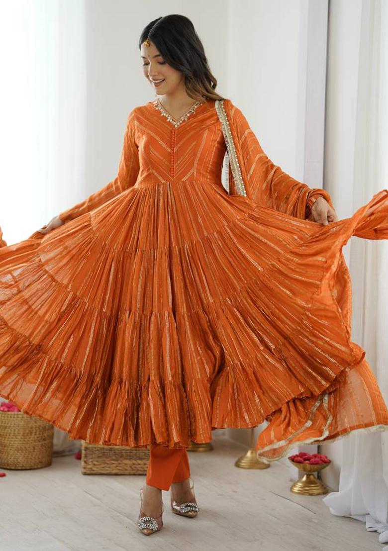 Orange Mirror Work Chanderi Cotton Anarkali Set With Dupatta - Indya