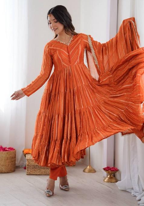 Orange Mirror Work Chanderi Cotton Anarkali Set With Dupatta