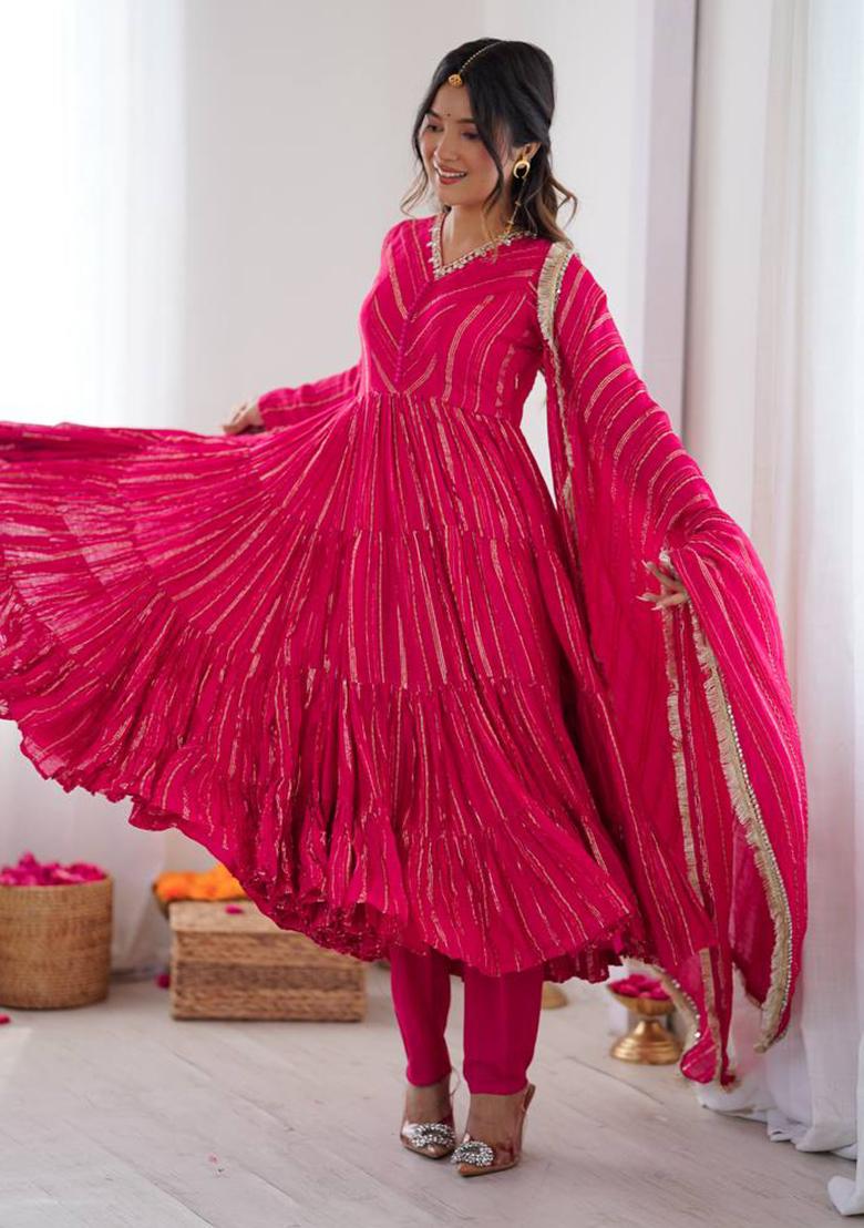 Pink Mirror Work Chanderi Cotton Anarkali Set With Dupatta - Indya