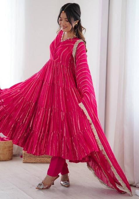 Pink Mirror Work Chanderi Cotton Anarkali Set With Dupatta