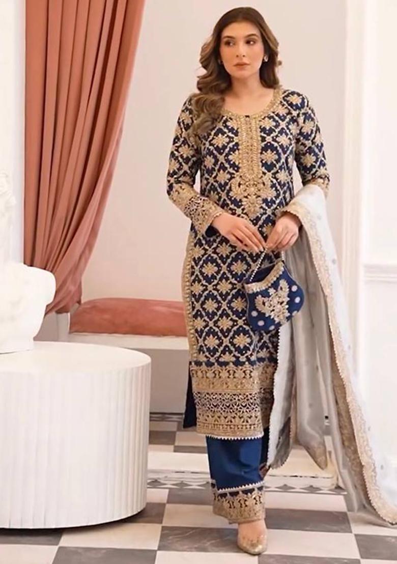 Blue Embroidered Sequence Georgette Salwar Kameez With Dupatta - Indya