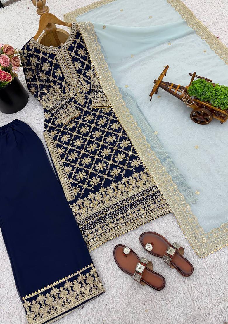 Blue Embroidered Sequence Georgette Salwar Kameez With Dupatta - Indya