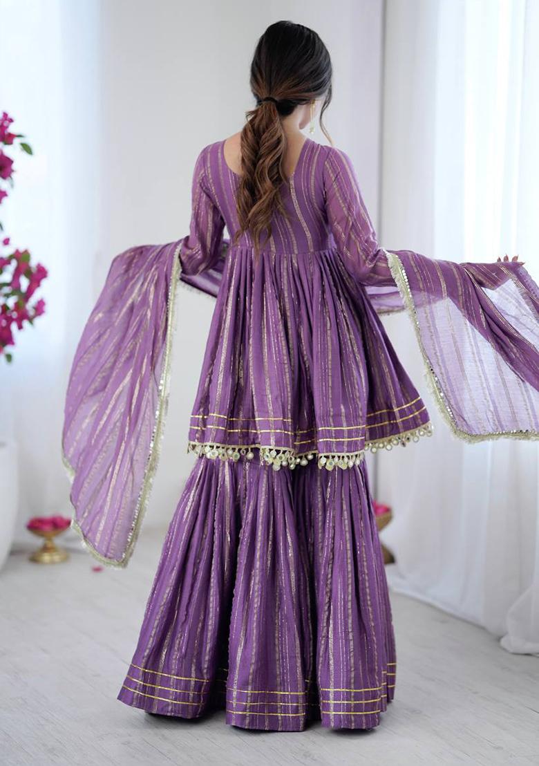 Lavender Mirror Work Chanderi Cotton Sharara Set - Indya