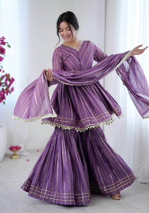 Lavender Mirror Work Chanderi Cotton Sharara Set