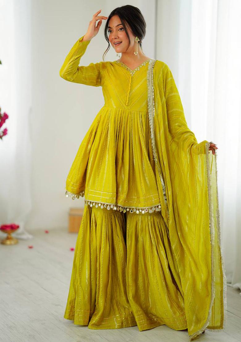 Lemon Yellow Mirror Work Chanderi Cotton Sharara Set - Indya