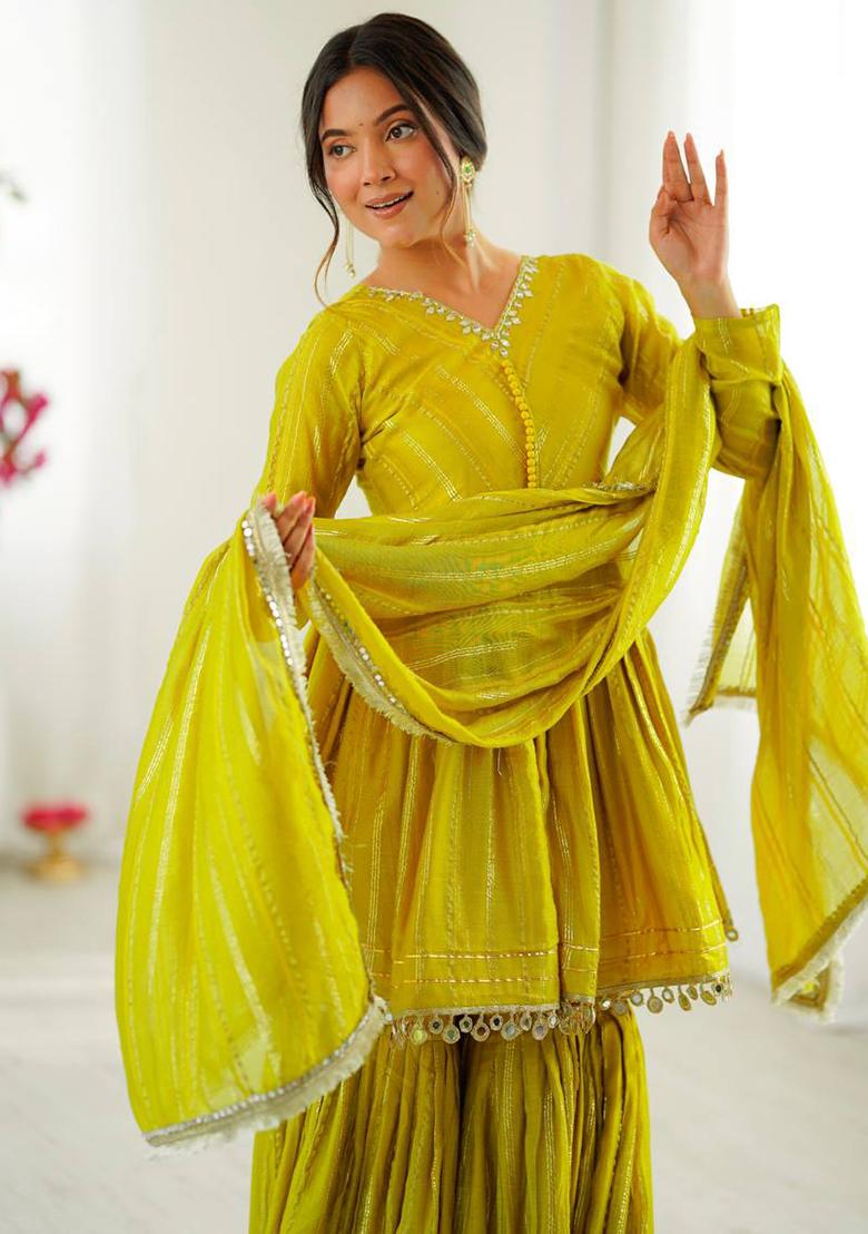 Lemon Yellow Mirror Work Chanderi Cotton Sharara Set - Indya