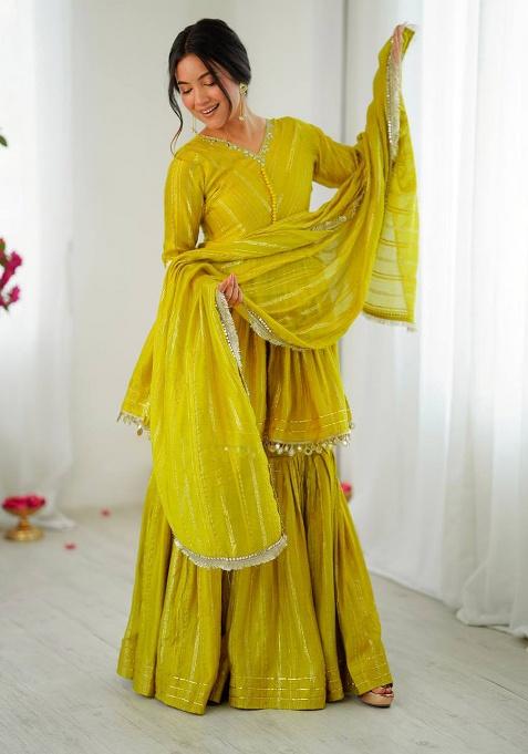 Lemon Yellow Mirror Work Chanderi Cotton Sharara Set