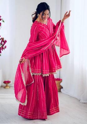 Pink Mirror Work Chanderi Cotton Sharara Set