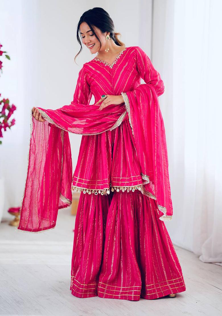 Pink Mirror Work Chanderi Cotton Sharara Set - Indya