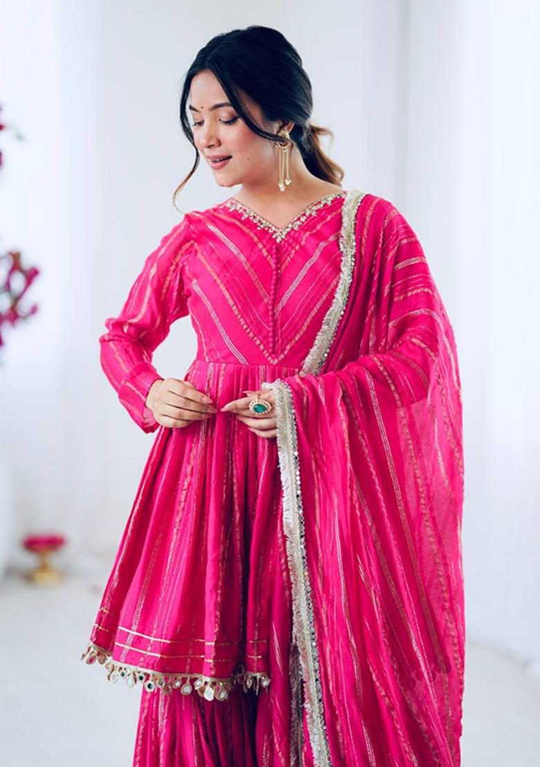 Pink Mirror Work Chanderi Cotton Sharara Set - Indya