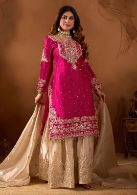 Pink Embroidered Sequence Silk Plazzo Set