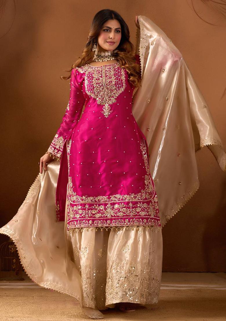 Pink Embroidered Sequence Silk Plazzo Set - Indya