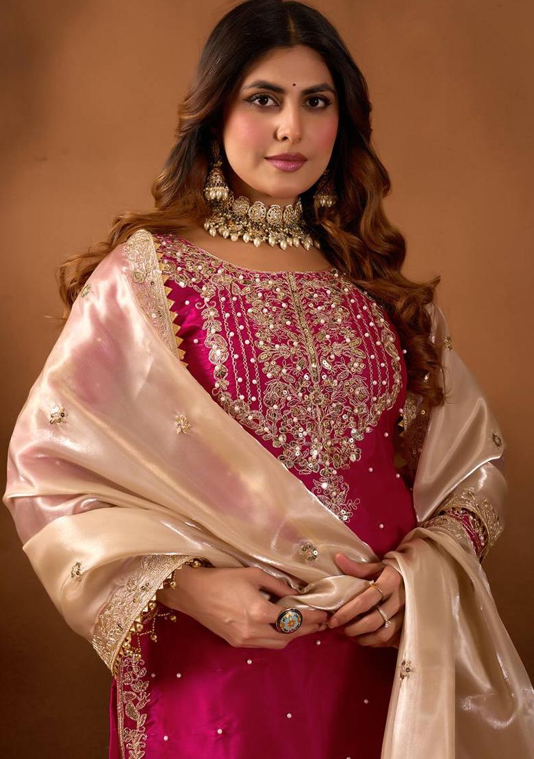 Pink Embroidered Sequence Silk Plazzo Set - Indya