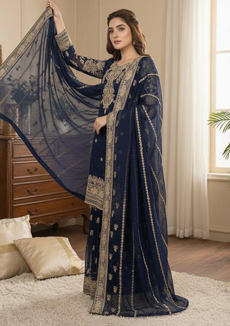 Navy Blue Embroidered Sequence Georgette Sharara Set - Indya