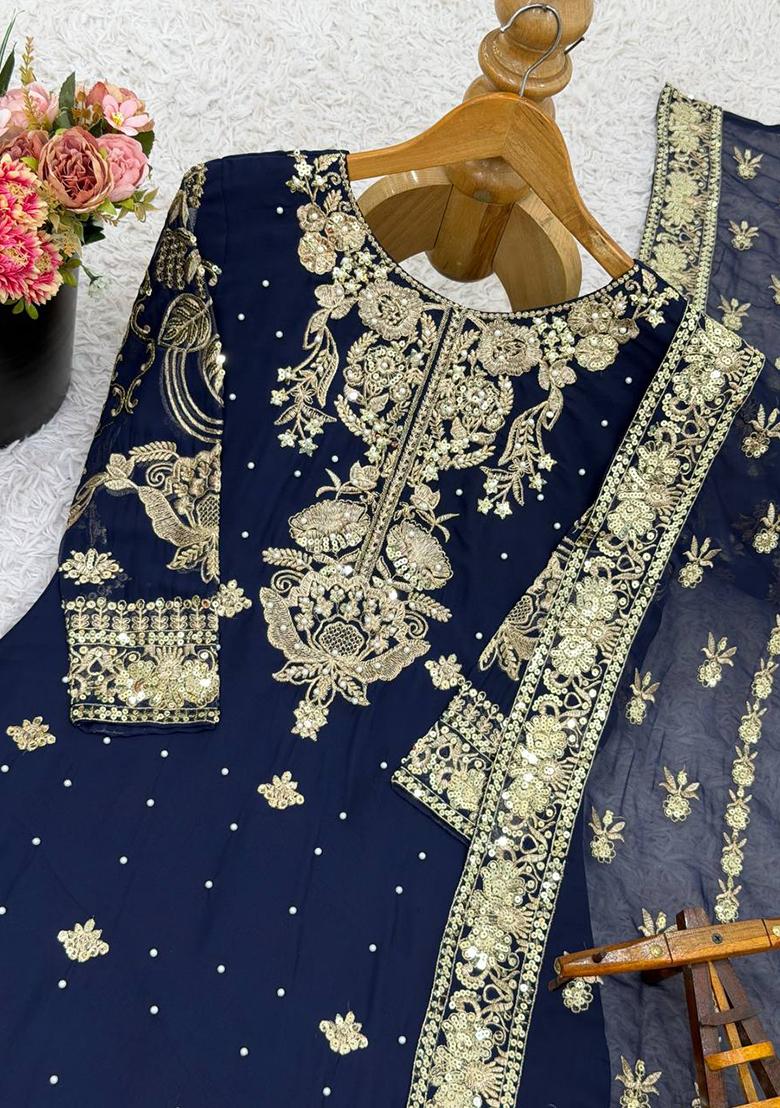 Navy Blue Embroidered Sequence Georgette Sharara Set - Indya