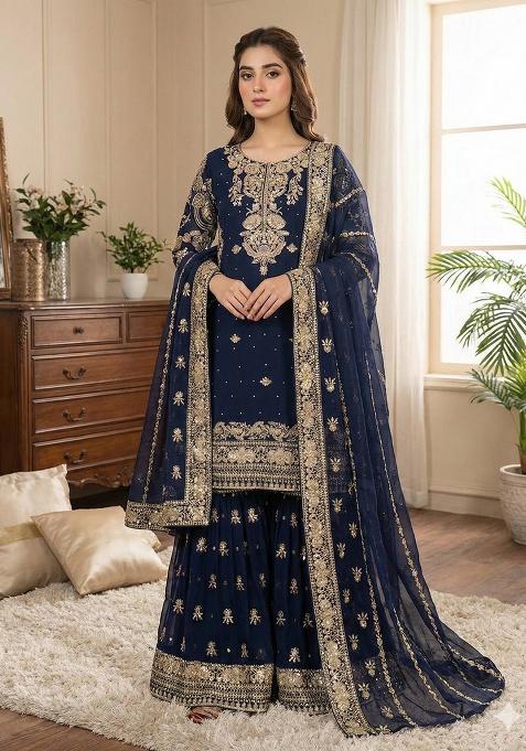 Navy Blue Embroidered Sequence Georgette Sharara Set