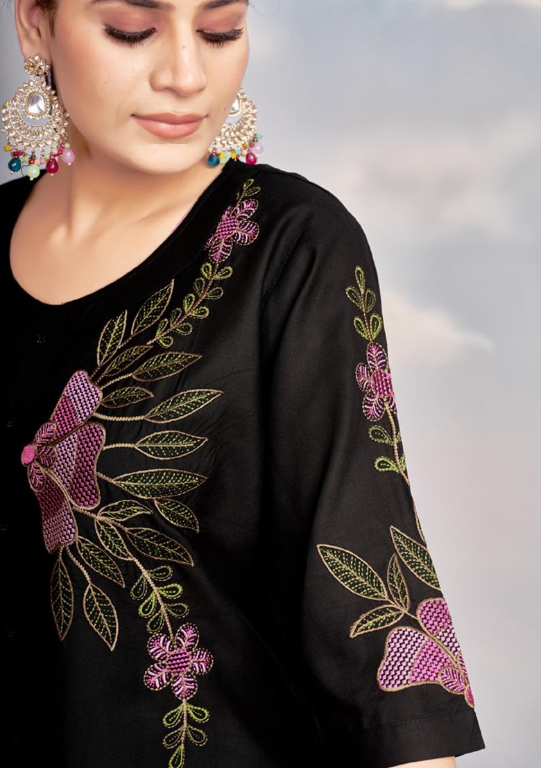 Black Embroidery Rayon Co Ord Set - Indya