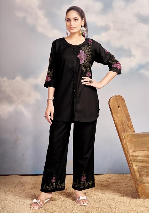 Black Embroidery Rayon Co Ord Set