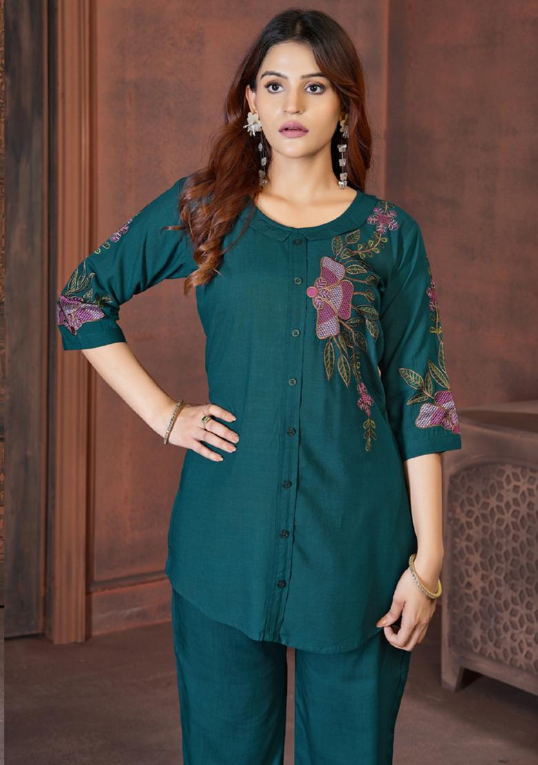 Blue Embroidery Rayon Co Ord Set - Indya