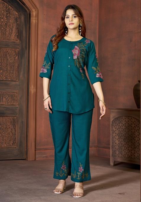 Blue Embroidery Rayon Co Ord Set