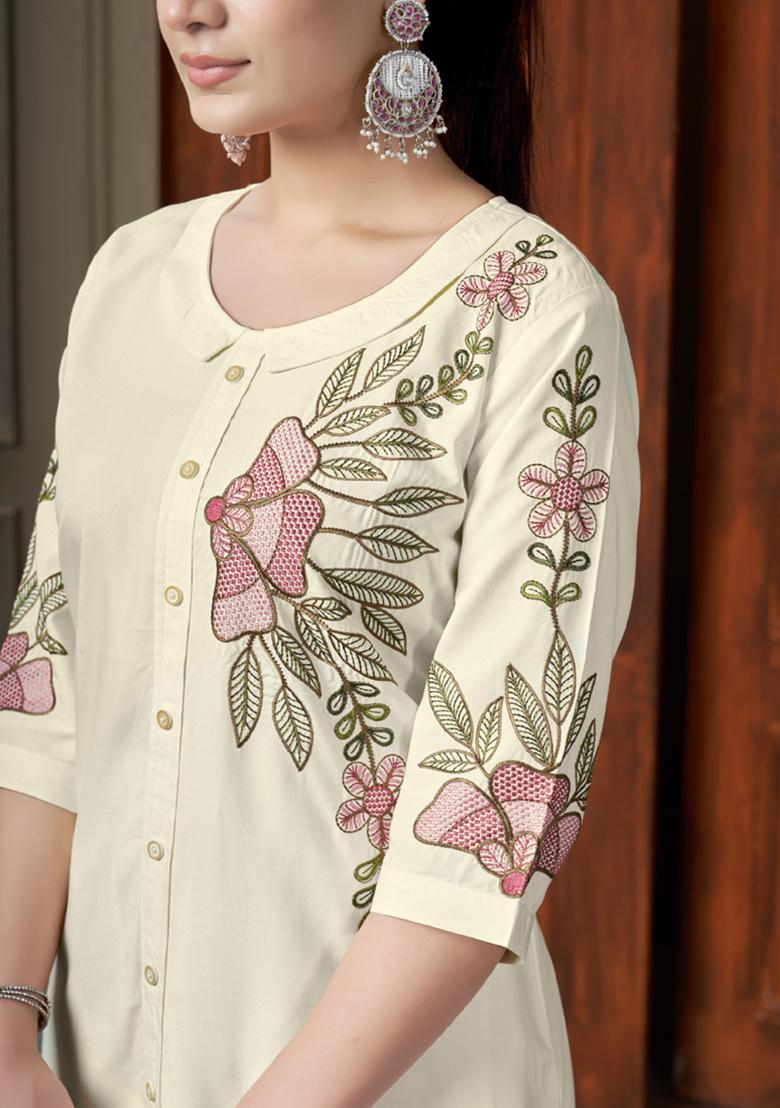 Off White Embroidery Rayon Co Ord Set - Indya