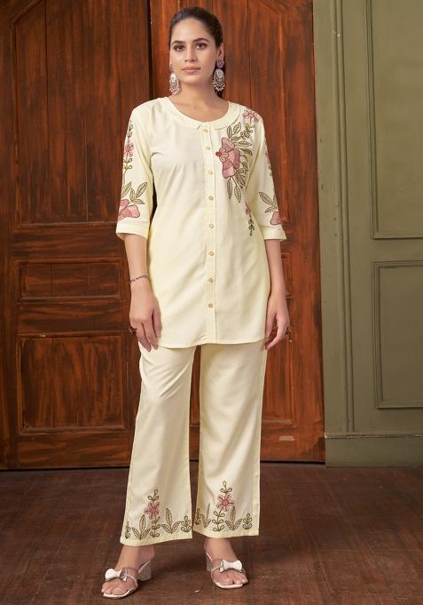 Off White Embroidery Rayon Co Ord Set