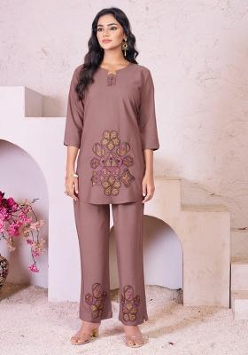 Onion Pink Embroidery Rayon Co Ord Set