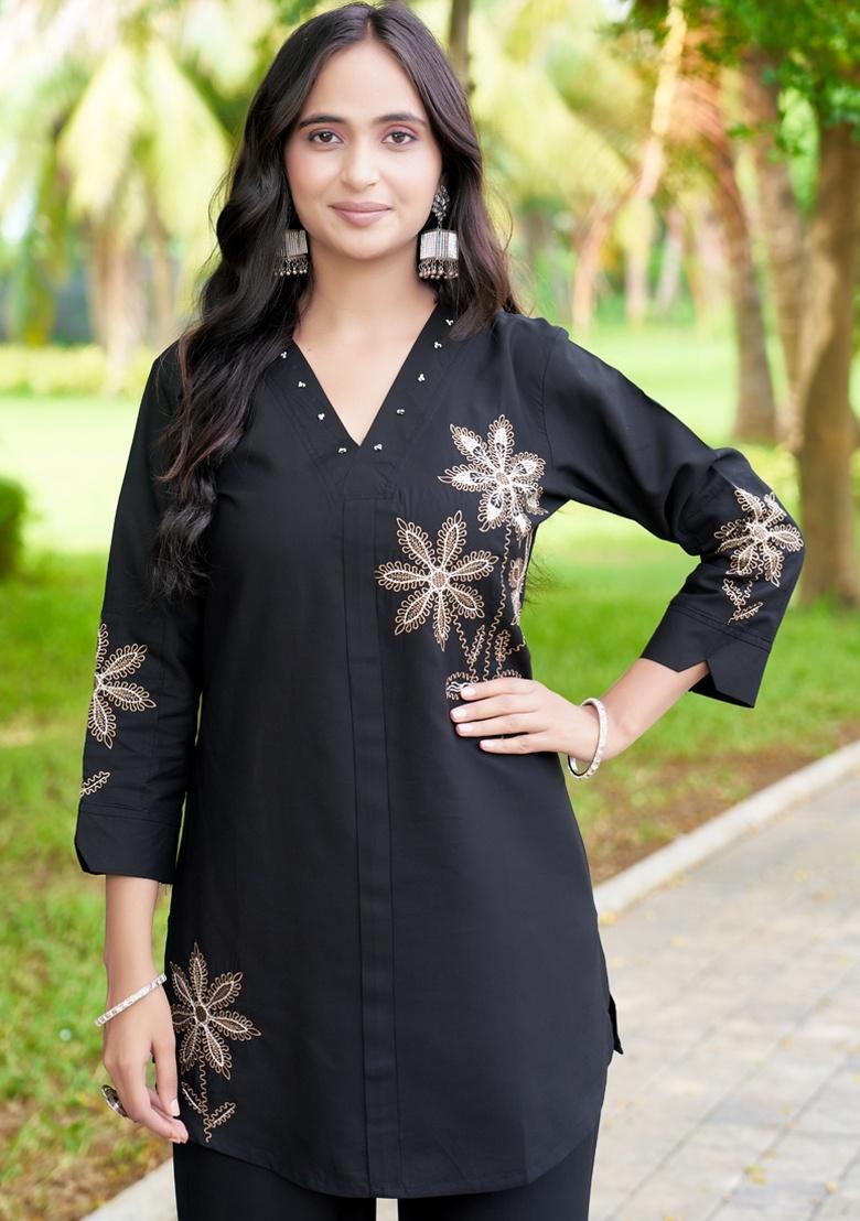 Black Embroidery Rayon Co Ord Set - Indya