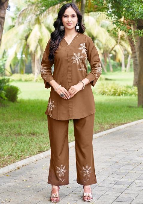Brown Embroidery Rayon Co Ord Set