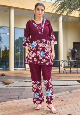 Maroon Printed Cotton Co Ord Set