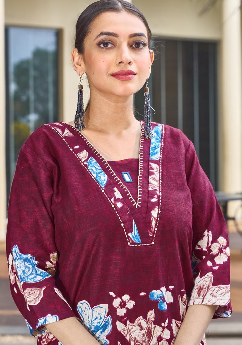 Maroon Printed Cotton Co Ord Set - Indya