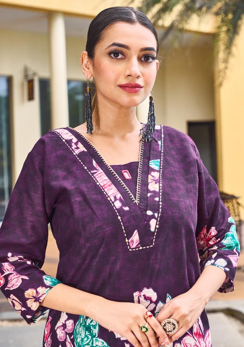 Purple Printed Cotton Co Ord Set - Indya