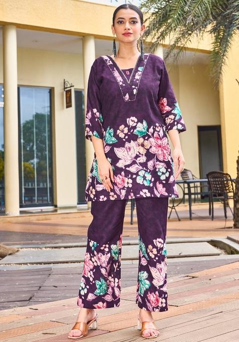 Purple Printed Cotton Co Ord Set
