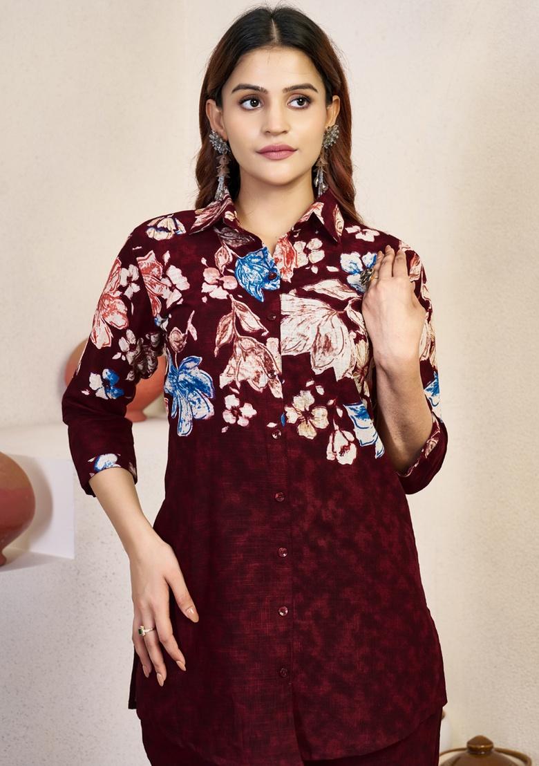 Maroon Printed Cotton Co Ord Set - Indya