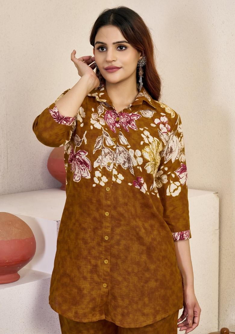 Mustard Printed Cotton Co Ord Set - Indya
