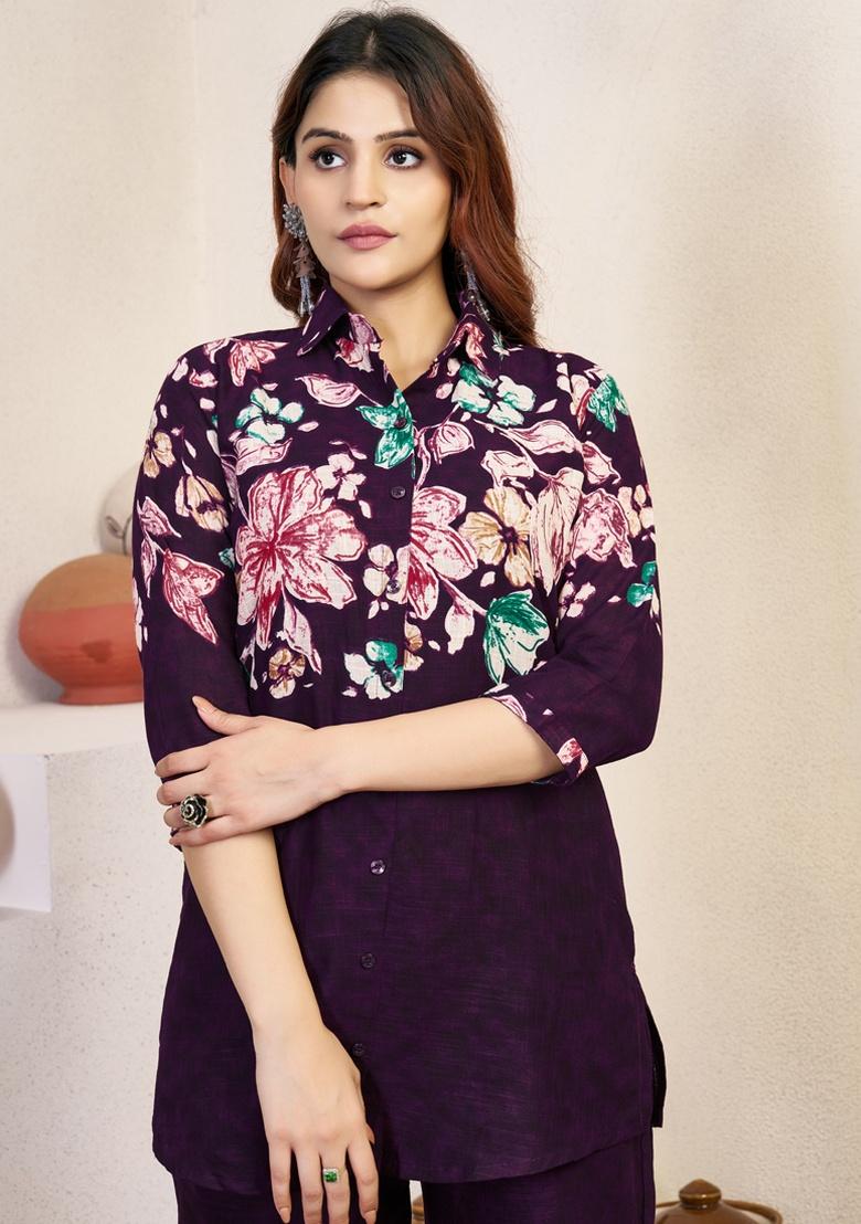 Violet Printed Cotton Co Ord Set - Indya