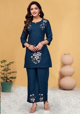Blue Embroidery Rayon Co Ord Set