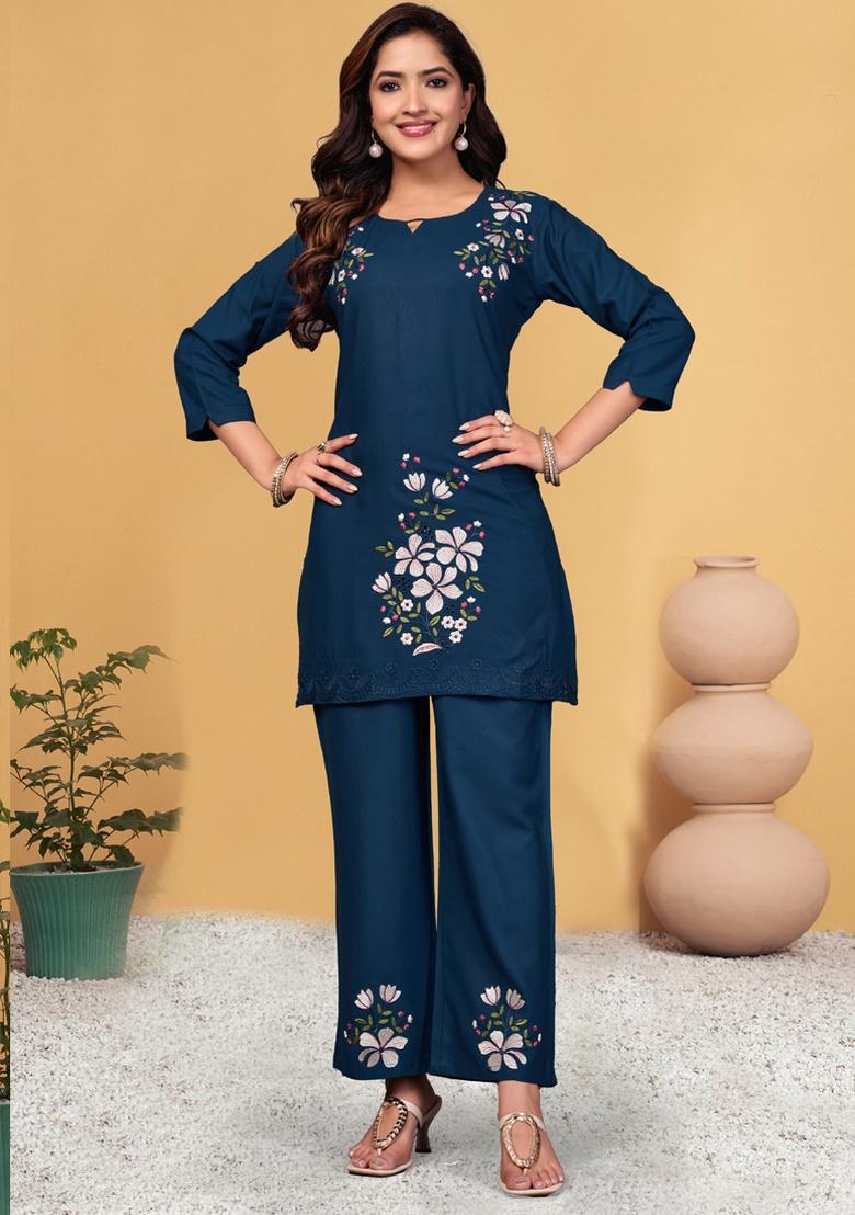 Blue Embroidery Rayon Co Ord Set - Indya